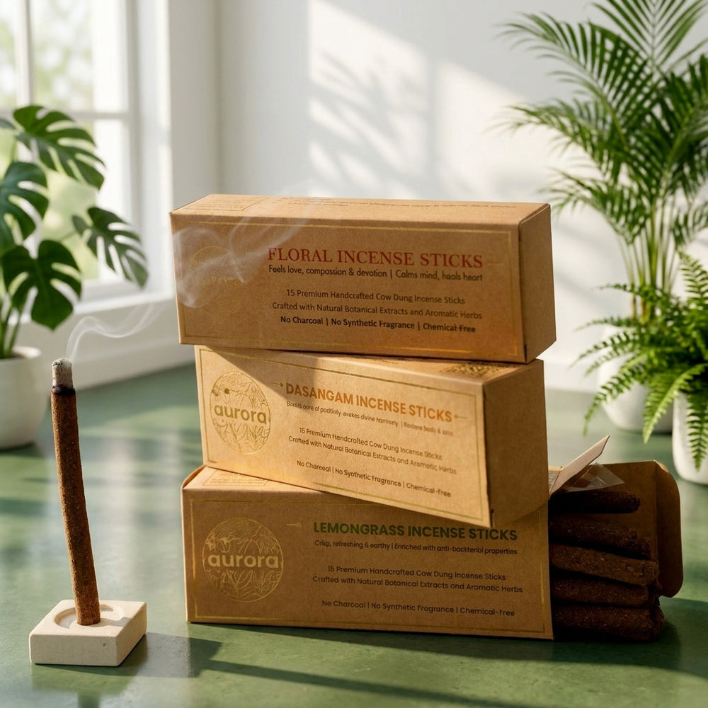 Aurora’s Cow Dung Incense Sticks Combo –  (Dasangam, Floral, Lemongrass)