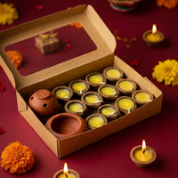 Cow dung based Panchagavya Ghee diya .12 Pre-Filled Diyas with Cow Ghee, Wick and Holder 2