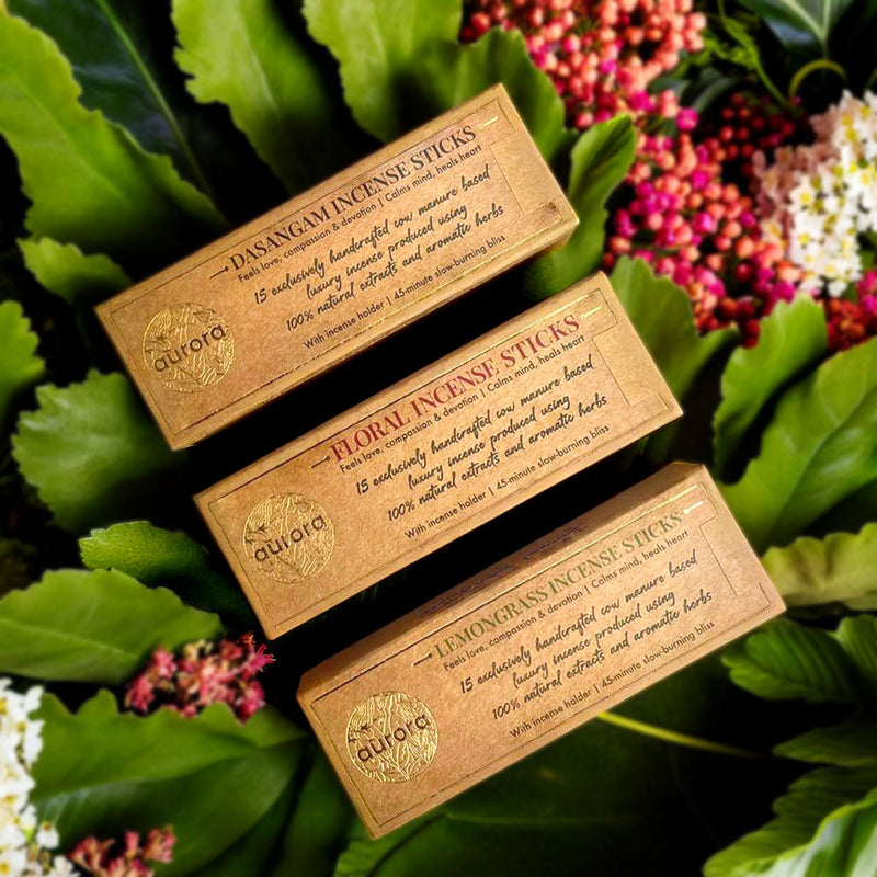 Aurora’s Cow Dung Incense Sticks Combo –  (Dasangam, Floral, Lemongrass)